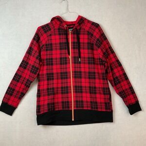 Victorias Secret Sport Jacket Womens M Red Black Plaid Hoodie Gold Zipper Fleece